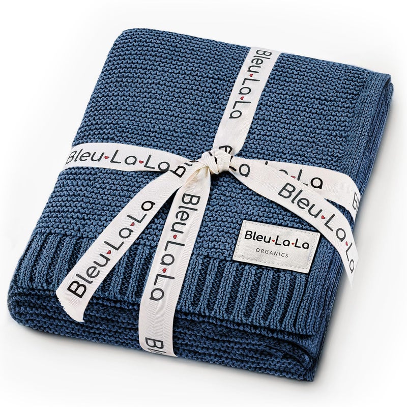 Bleu La La Heritage Knit Organic Cotton Receiving Swaddle Blanket for Boys - 100% Organic Soft Luxury Cotton Warm Cuddle Swaddling Blanket for Newborns Infants Toddler 36" x 32" (0-2Yrs - Denim Blue) - Image 1